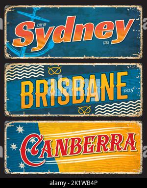 Sydney, Brisbane, Canberra, plaques de voyage et étiquettes à bagages de la ville australienne, autocollants vectoriels. Panneaux d'étain d'Australie avec drapeau de la capitale, monument de la ville ou emblèmes, plaques de voyage et signes de grunge Illustration de Vecteur