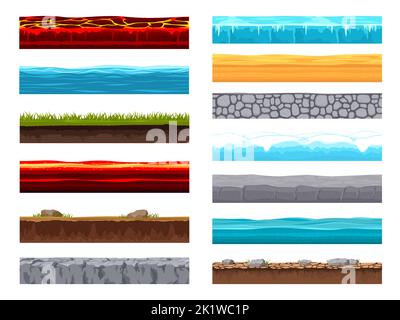 Sol couche de sol, dessin animé niveau de jeu surface paysage. Textures vectorielles de lave, glace, mer, étang d'eau, route pavée, terrain vert, vue en coupe transversale sur le sable du désert. Arrière-plan de l'interface utilisateur graphique à texture cartoon Illustration de Vecteur