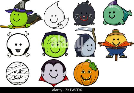 Collection de visages smiley monstre Halloween Illustration de Vecteur