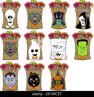halloween monster faces sur halloween sac de bonbons Illustration de Vecteur