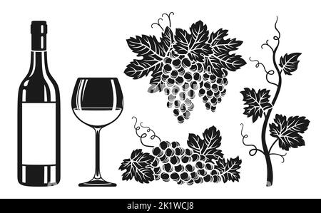 Kit de gravure de lunettes et de flacons. Produits à base de vin, raisins de vigne vintage encre forme gravure dessin à la main. Vin, bouteilles de champagne alcool bar, publicité spiritueux design pour café restaurant vecteur Illustration de Vecteur