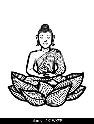 Gautama Bouddha assis dans lotus pose méditant. Pratique de la méditation bouddhiste pour l'illumination, la pleine conscience, la paix, l'harmonie et la spiritualité. Banque D'Images