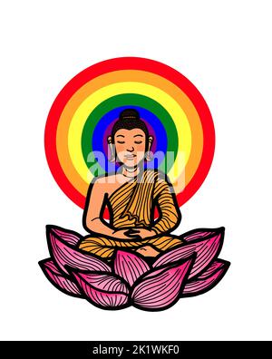 Gautama Bouddha assis dans lotus pose méditant avec gay arc-en-ciel aura. Pratique de méditation bouddhiste pour l'illumination, la pleine conscience, la paix, l'harmonie et s. Banque D'Images