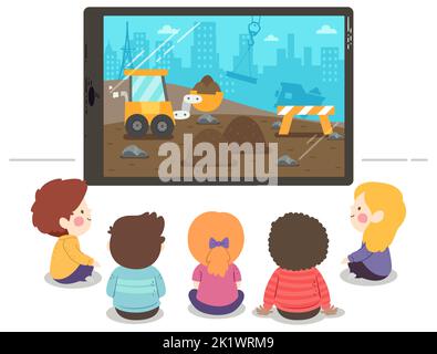 Illustration des enfants assis et regardant une histoire de construction avec un levier dans un Tablet PC Banque D'Images