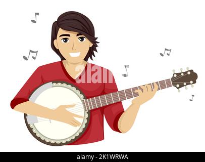 Illustration de Teen Guy jouant à Banjo instrument avec des notes musicales autour Banque D'Images