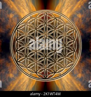 Fleur d'or de la vie sur fond de coucher de soleil mystique Banque D'Images