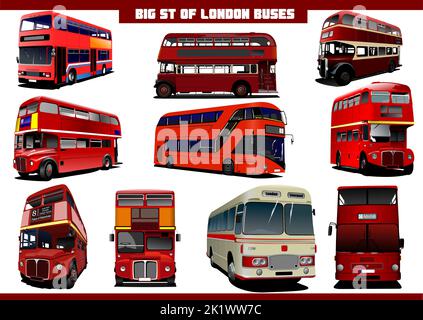 Grand ensemble de bus rouge touristique à impériale de Londres. Illustration de Vector 3D Illustration de Vecteur