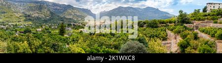 Grande vue panoramique de la route de randonnée Camí de Binibassí GR221 dans le village de Binibassi sur la zone fertile de Sóller à Majorque jusqu'aux montagnes. Banque D'Images