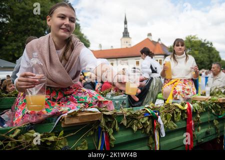 PEZINOK, SLOVAQUIE - SEP 18, 2022: Procession allégorique dans le cadre de la célébration traditionnelle de la récolte de vin de Thanksgiving et parade de costume à Pezinok Banque D'Images