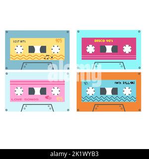 Autocollants de cassette rétro de style dessin animé plat. Illustration vectorielle de mixtape audio, chansons enregistrées dans le style 1990s, 80s 90s éléments classiques. Nostalgi Illustration de Vecteur