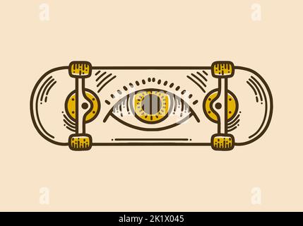 Planche à roulettes avec motif rétro vintage à un œil Illustration de Vecteur