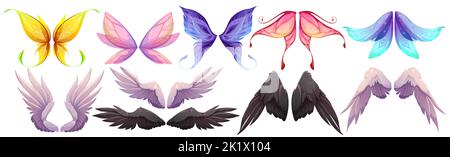 Différentes ailes de fée, de papillon, d'oiseau, d'ange avec des plumes noires et blanches. Ensemble de dessins animés vectoriels d'ailes paires de personnages et d'animaux magiques et fantaisie isolés sur fond blanc Illustration de Vecteur