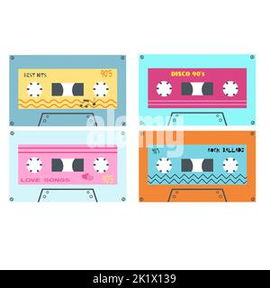 Autocollants de cassette rétro de style dessin animé plat. Illustration vectorielle de mixtape audio, chansons enregistrées dans le style 1990s, 80s 90s éléments classiques. Nostalgi Illustration de Vecteur