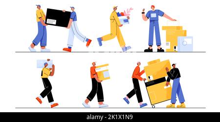 Jeu de travailleurs mobiles transportant des boîtes. Illustration vectorielle plate de jeunes hommes transportant des paquets lourds avec la maison de matériel de bureau. Les employés de livraison apportent des colis isolés sur blanc Illustration de Vecteur