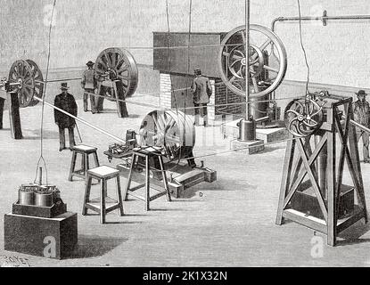 Station d'essai de machines agricoles à Paris, France. Moteur à gaz M 6 chevaux, poulie P avec simètre variable, D divers dynamomètres à enregistrement, E machine d'essai. Ancienne illustration gravée du 19th siècle de la nature 1890 Banque D'Images