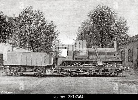 Locomotive à vapeur Crampton avec chaudière Flaman. Ancienne illustration gravée du 19th siècle de la nature 1890 Banque D'Images