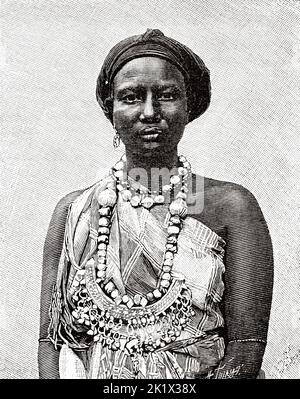 Samakota Douali, jeune femme somalienne âgée de 20 ans exposée au jardin d'Acclimatation à Paris, France. Ancienne illustration gravée du 19th siècle de la nature 1890 Banque D'Images