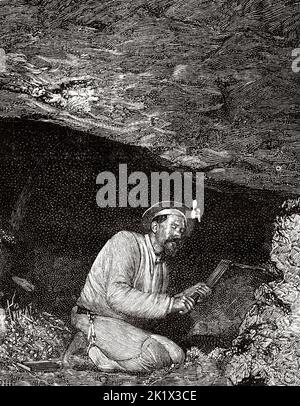 Bassin minier Nord-pas de Calais, mineur avec pioche en main, France. Ancienne illustration gravée du 19th siècle de la nature 1890 Banque D'Images