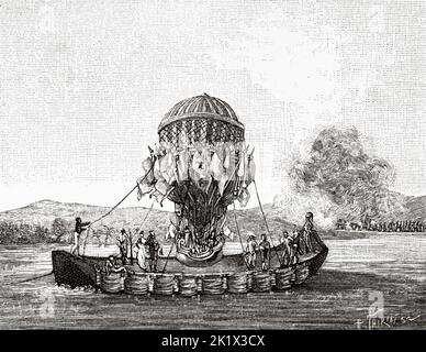 Ascension du ballon Garnerin sur la Seine à Paris en 1801, France. Ancienne illustration gravée du 19th siècle de la nature 1890 Banque D'Images