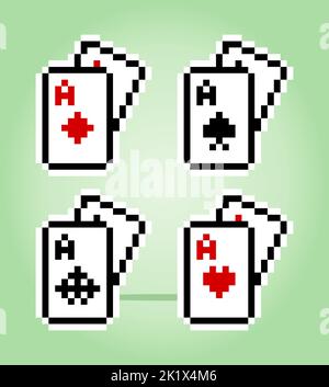 pixels de poker de carte 8 bits. cartes à jouer pour les actifs de jeu dans l'illustration vectorielle. Illustration de Vecteur