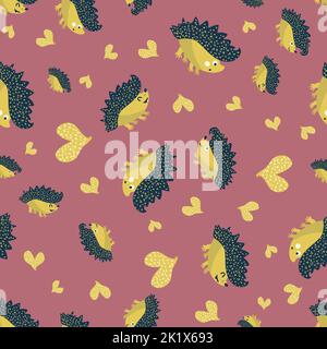 Arrière-plan à motif sans couture en forme de coeur, de hérisson, de piquant et de pimenté. Dessins animés kawaii hedgehogs et coeurs doodle sur fond rose. Forêt naturelle Illustration de Vecteur
