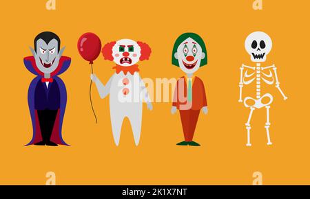 Personnages sur le Joker Halloween Dracula Evil Clown et Skeleton Illustration de Vecteur