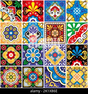 Grand ensemble de tuiles mexicaines décoratives talavera - motif vectoriel sans couture, collection de motifs rétro colorés avec fleurs et formes géométriques Illustration de Vecteur