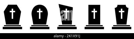 Pierres tombales de cimetière. Ensemble d'icônes noires de différentes pierres tombales. Illustration vectorielle. Illustration de Vecteur