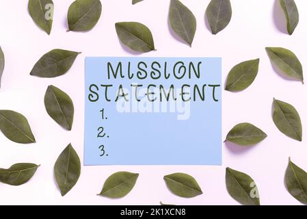 Présentation conceptuelle Mission StatementFormal Résumé des objectifs et des valeurs d'une entreprise. Concept Internet Résumé formel des buts et valeurs d'un Banque D'Images
