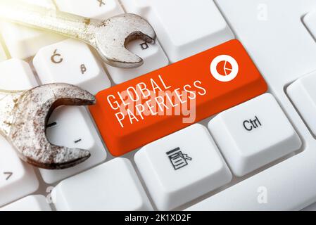 Affichage conceptuel Global Paperlessing pour les méthodes technologiques comme le courrier électronique au lieu de papier. Concept commercial pour les méthodes technologiques telles que l'e-mail Banque D'Images