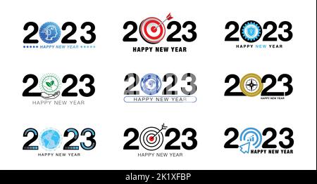 Grand jeu d'illustrations vectorielles Happy New Year 2023 logo design avec texte, numéro de l'année, symbole commercial, icônes de technologie sur fond blanc. Collection Banque D'Images