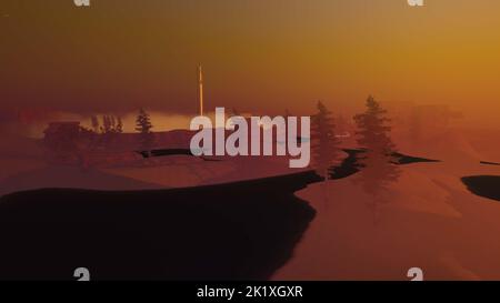 L'eau sur Mars. Paysage martien en terraformation. Rendu 3D haute résolution extrêmement détaillé et réaliste Banque D'Images