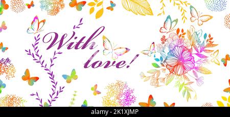 Imprimé sur un mug avec amour. Coeur multicolore avec papillons. Bonne Saint Valentin. Illustration vectorielle Illustration de Vecteur