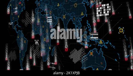 Image du codage binaire et du traitement des données sur la carte du monde Banque D'Images
