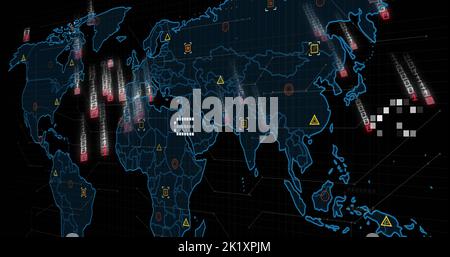Image du codage binaire et du traitement des données sur la carte du monde Banque D'Images