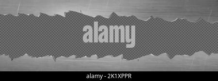 Trou de découpe métallique, cadre horizontal avec bords irréguliers. Bordure fissurée, dommages de coupe sur la tôle ou la plaque d'acier. Elément de conception déchiré isolé sur fond transparent Illustration réaliste 3D vecteur, clip art Illustration de Vecteur
