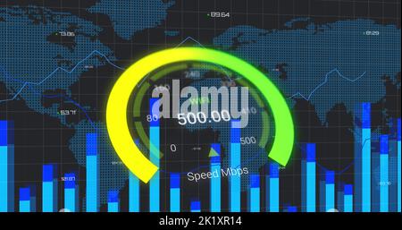 Image du traitement des données et de la carte du monde sur le compteur de vitesse Banque D'Images