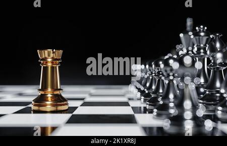 Rook d'or face à l'adversaire sur le côté argent pièces d'échecs pour le jeu de compétition et le match de tournoi sur un fond de chessboard. Sports et loisirs Banque D'Images