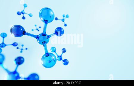 Gros plan des structures des atomes de molécules bleues sur fond de sérum liquide bleu. Cosmétiques soins de la peau ou traitement et solution pour la peau humaine. 3d illustration réf Banque D'Images