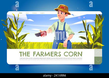 Page d'accueil de la bande dessinée du maïs des agriculteurs. Employé avec un sécateur sur le champ de maïs. L'homme collecte la récolte ou les soins des plantes sur la ferme agricole. Production alimentaire, culture végétale, agronomie Vector bannière web Illustration de Vecteur