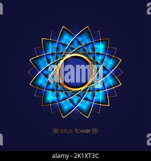 Fleur de Lotus doré, mandala bleu à géométrie sacrée, ornement circulaire coloré, ligne d'or, logo floral. Fleurs symboles du yoga, du spa, de la beauté Illustration de Vecteur