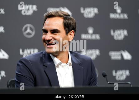 Roger Federer à la 02 Arena, Londres. Le grand champion de slam de 20 ans a annoncé la semaine dernière qu'il allait mettre fin à sa carrière professionnelle de tennis après la coupe du Laver qui commence vendredi à Londres. Date de la photo: Mercredi 21 septembre 2022. Banque D'Images