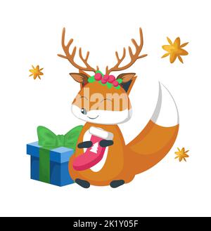 Carte de dessin animé vecteur mignon renard de Noël animal Illustration de Vecteur