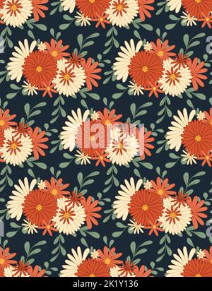 Texture hippie avec différentes fleurs en rangée sur fond bleu foncé. Motif vectoriel rétro sans couture avec bouquet de fleurs groovy et tiges. Illustration de Vecteur