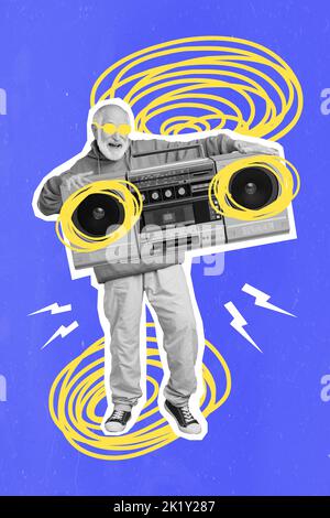 Tendance créative collage de sentiment jeune retraité homme lunettes de soleil tenue rétro cassette enregistreur fête disco dj isolé Doodle dessin arrière-plan Banque D'Images