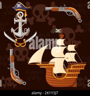 Motif fluide de thème pirate avec ancrage de navire et illustration de vecteur d'arme sur fond sombre Illustration de Vecteur