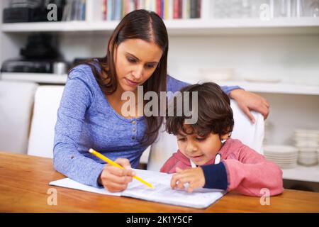 Les devoirs sont plus amusants lorsque maman m'aide au faire. Une mère aide son fils pour ses devoirs Banque D'Images