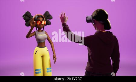 Fille saluant avatar virtuel dans le Metaverse tout en portant un casque de réalité virtuelle. 3D rendu Banque D'Images