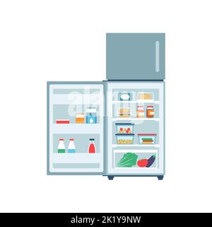 Réfrigérateur ouvert avec des aliments frais stockés à l'intérieur, concept d'appareils ménagers, isolé sur fond blanc Illustration de Vecteur