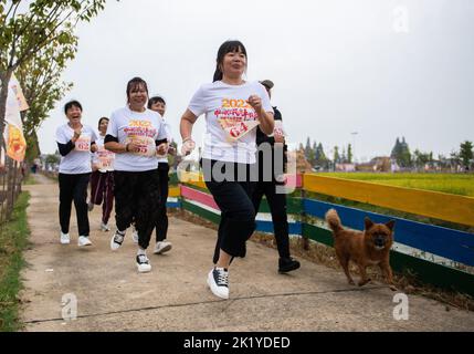 Yiyang, province chinoise du Hunan. 21st septembre 2022. Les gens participent à une activité de course à pied dans le village de Dongsheng, canton de Mahekou, comté de Nanxian, province de Hunan en Chine centrale, 21 septembre 2022. Un jeu de rizières a été organisé ici mercredi pour les habitants et les touristes afin d'accueillir le prochain festival de récolte des agriculteurs chinois. Credit: Chen Sihan/Xinhua/Alay Live News Banque D'Images